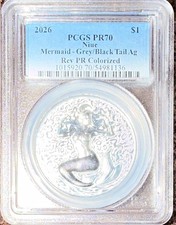 2026 Niue $1 Mermaid Grey/Black Tail 1 oz .999 Silver PCGS PR70 Colorized picture