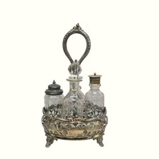 Antique Victorian Silverplate Cruet Set Ornate Crystal Bottles Elegant 1800s 5pc picture