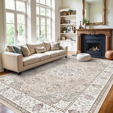x12 Beige Floral Area Rug Washable Low Pile Non-Slip Polyester Indoor Carpet picture
