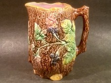 Beautiful Antique Majolica English Blackberries and Flowers on Bark Pitcher picture