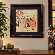 Vintage Japanese Chokin Art Signed Takayuki Geisha Pagoda Gold Silver 17x14.5 picture