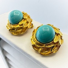 Vintage Mimi Di N Earrings Blue Glass Gold Tone Dome Cabochon Clip Sculptural picture