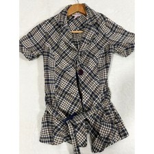 Pink Mode Plaid Belted Top Women S Blue Brown Excellent Short Sleeve Button Up picture