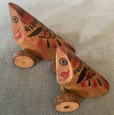 Vintage Japanese Uzuraguruma Pair Mitsuba Kogei Wheeled Quail Folk Art Toy Wood picture