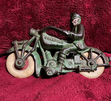 Vintage Champion Cast Iron Motorcycle Toy w/ Rider Figure Green White Wheels picture