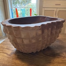 Vintage Tramp Primitive Art Textured Handmade Folk Wood Bowl picture