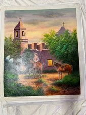 Original Western Mission Landscape Oil Painting Print Cowboy Horses Vintage Art picture