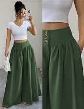 Women’s Green Solid Wide-Leg Palazzo Pants High Rise Button Front Pockets picture