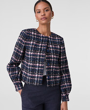 NWT ANN TAYLOR NAVY BLUE PINK WHITE PLAID BOUCLE JACKET SZ 6P 6 PETITE picture