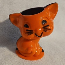 Vintage 1950s Rosbro Halloween Black Cat Candy Container Orange Black Plastic picture