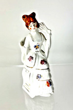 Vintage Lady Figurine W/ Fan Seated Hand Painted White Dress & Flowers Japan picture