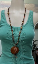 Vtg Artisan Blown Glass Bead Brown Amber Tone Long Statement Necklace 30” picture