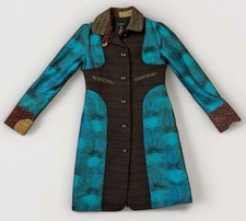 Y2K Custo Barcelona Womens 38 Teal Black Graphic Long Coat Jacket Art Wear picture