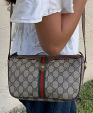 Authentic 1980s Gucci GG Monogram Web Stripe Zip Crossbody Bag Beige Brown picture