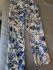 Blue Sol Sz. S blue Flowers/White Wide Leg Slit Legs Leisure Pants NEW picture
