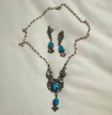 Vintage Signed RB Sterling 925 Blue Turquoise Necklace & Dangle Earrings Set picture