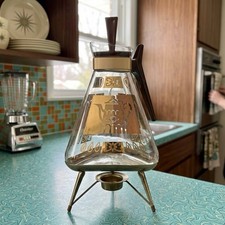 Vintage MCM Inland Glass Coffee Carafe Warmer Stand Gold Coffee Pot Teapot picture