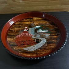 Vintage Japanese Wooden Round Tray Showa Retro Kyorai Souvenir Japan Decor picture