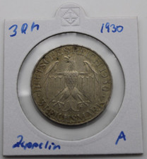 1930 A GERMANY - 3 REICHSMARK - .500 SILVER - Flight of Graf Zeppelin, B03-C-3 picture