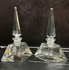 Stunning Vintage Geometric Cut Glass Perfume Bottles (2) Pagoda Spire Stoppers  picture