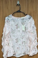 Easel Los Angeles PinkFloral Sheer Burnout Blouse with DoubleRuffle Bell Sleeves picture