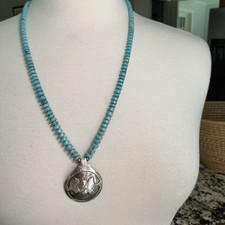 Vintage Signed Native American Sterling Overlay Pendant Turquoise Beads 24