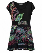 Desigual Women's A-Line Dress XL Black Multicolor Paisley Lace Short Sleeve picture