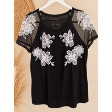 INC International Concepts Black Floral Embroidered Sheer Sleeve Top Women’s picture