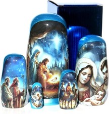Beautiful Handmade Christmas Nativity Russian Nesting Doll, 5 Pc with Gift Box picture