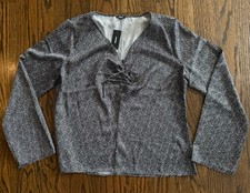Express Womens L Black White Speckled Tie Front V Neck Long Sleeve Blouse NWT picture