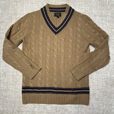 J.Crew Men's 100% Cashmere Cable Knit Cricket Sweater Medium Tan V-Neck Pullover picture