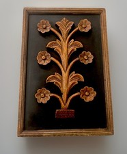 Vintage MCM Teak Tree Wood Carved Flowers Framed Picture Boho Wall Decor 17
