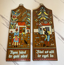 Vintage Berggren Swedish Proverbs Folk Art MCM Wooden Wall Plaques Set Of 2  picture