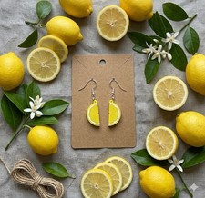 Small Lemon Slice Dangle Earrings Zesty Yellow Fruit Jewelry Gift picture