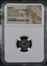 Herod Archelaus (4 BC–AD 6) Judaea AE Half-Prutah NGC Widow's Mite picture
