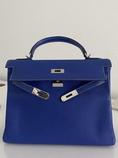 Auth Hermes Kelly 2way 32 Veau Epsom In Bleu Electrique 2012 Stamp PHW With COA picture