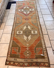 Vintage Turkish Oushak Runner Rug 3'9 x 11'10 Hand Knotted Wool Rust Olive Beige picture