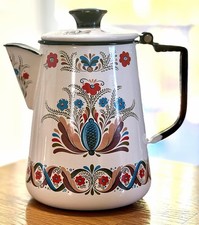 Vintage Swedish Berggren White Enamel Stovetop Coffee Pot Folk Art Sweden picture
