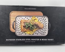 NEW Williams Sonoma Outdoor Stainless Steel Roaster Pan & Wood Trivet Set Grill picture