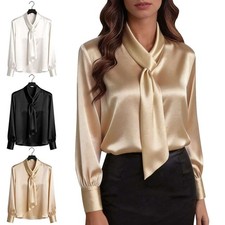 Elegant Satin Tie Neck Blouse Women Long Sleeve Office Work Silky Casual Shirt picture