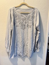 Pure Jill Shirt Woman Large Embroidered Neckline Tunic Gray Blue Cotton Cottage picture