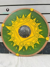 Handcrafted Viking Round Shield Green Norse Knot Wood Iron Leather LARP Gift picture