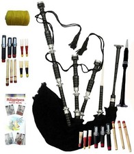 Great Highland Scottish Bagpipes Silver Mounts Black Velvet Cover with Bag &Book picture