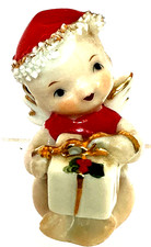 Vintage Lefton Christmas Angel Figurine Holding Gift Spaghetti Trim Japan 2.5” picture