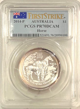 2014-P Australia $1 YEAR OF THE HORSE UHR PROOF PCGS PR70 FS - TONER 🇦🇺 picture