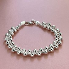 Silver Plated Perforated Round Bead Cluster Double Row Snake Chain Cuff Bracelet picture