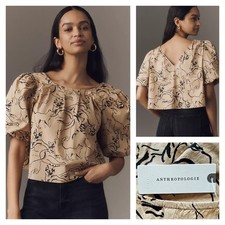 Anthropologie Maeve Puff-Sleeve Swing Blouse Brown Cat Design XL NWT $88 picture