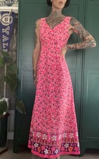 Vtg 60s HAWAII NEI Honolulu Psychedelic Pink Barkcloth Mod Maxi Dress Hawaiian S picture