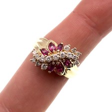 14K YELLOW GOLD Diamond and Marquise Ruby FLOWER CLUSTER Ring, Finger Size 7.25 picture