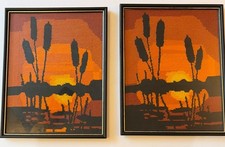 2 Matching Framed Vintage Needlepoint Sunset Wall Art Cattails 15x12 Handmade picture